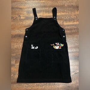 Vintage 90s Y2K Warner Brothers Looney Tunes Black Corduroy Overall Mini Dress L